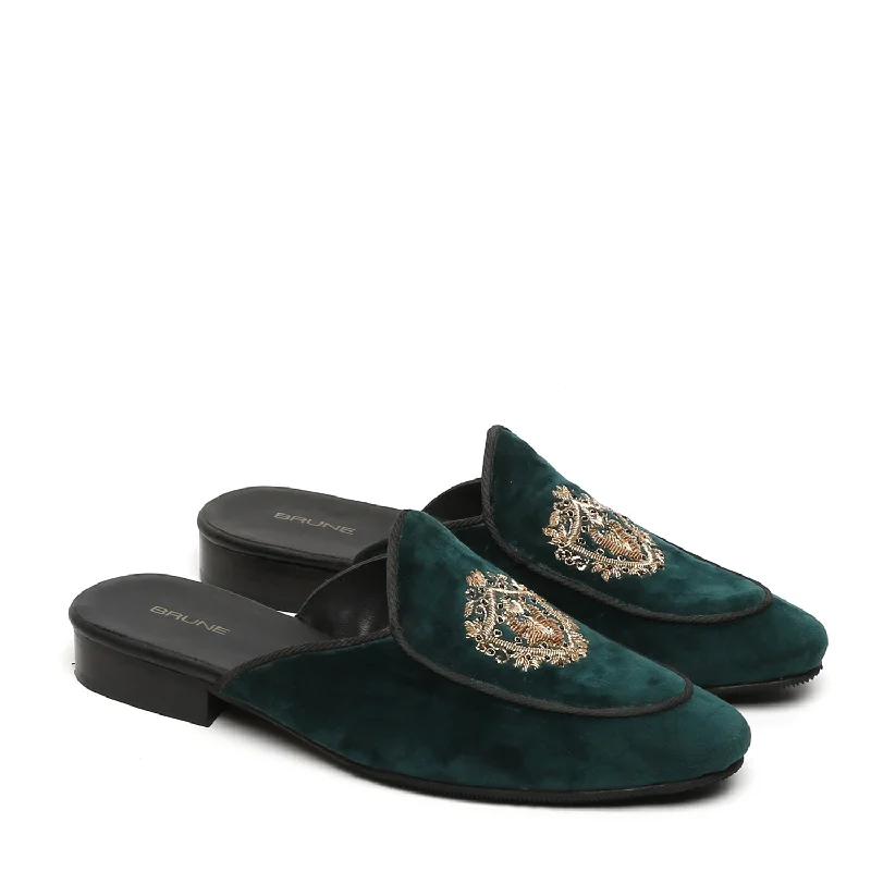 Green Italian Velvet Mules with Golden Crest Zardosi By Brune & Bareskin