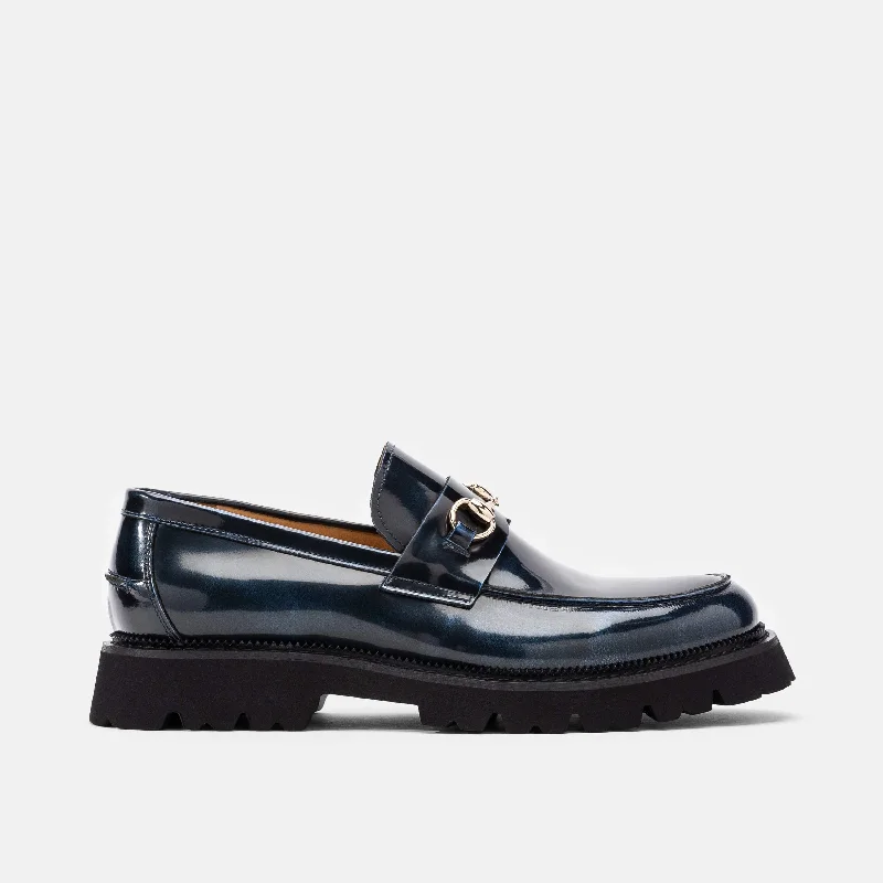 Blake Navy Patent Leather Lug Bit Loafers