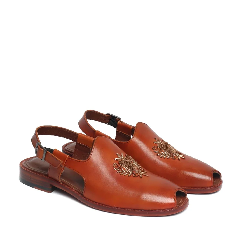 Open Toe Peshawari Sandals with Hand Zardosi Tan Leather