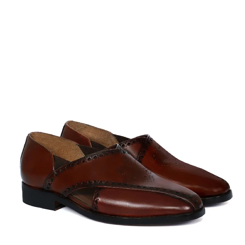 Men's Peshawaris With Handcrafted Brogue Design Cognac Leather