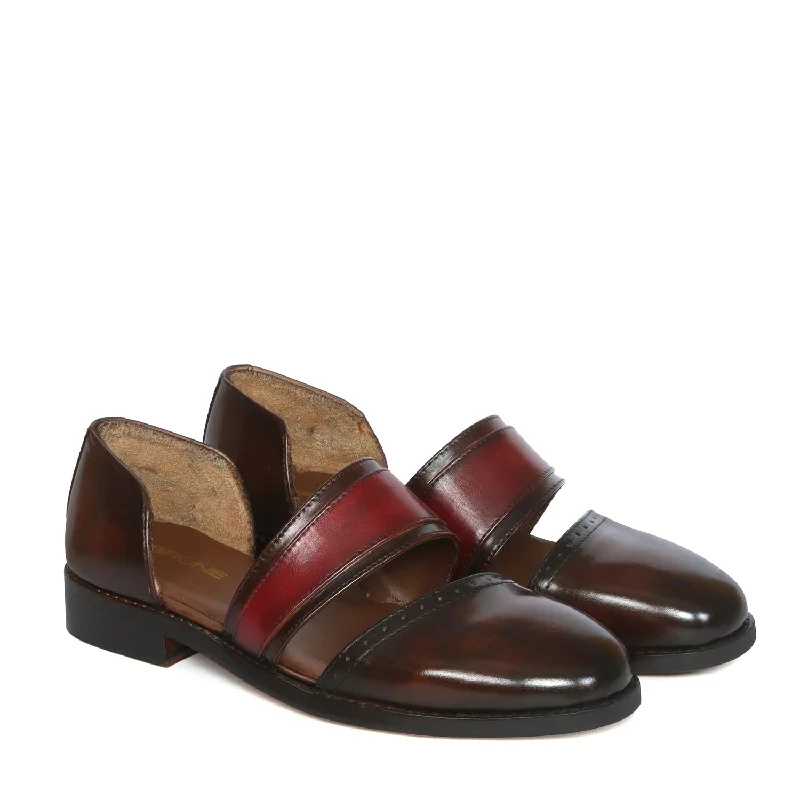 Ethnic Peshawari Sandals in Dark Brown & Red Genuine Leather