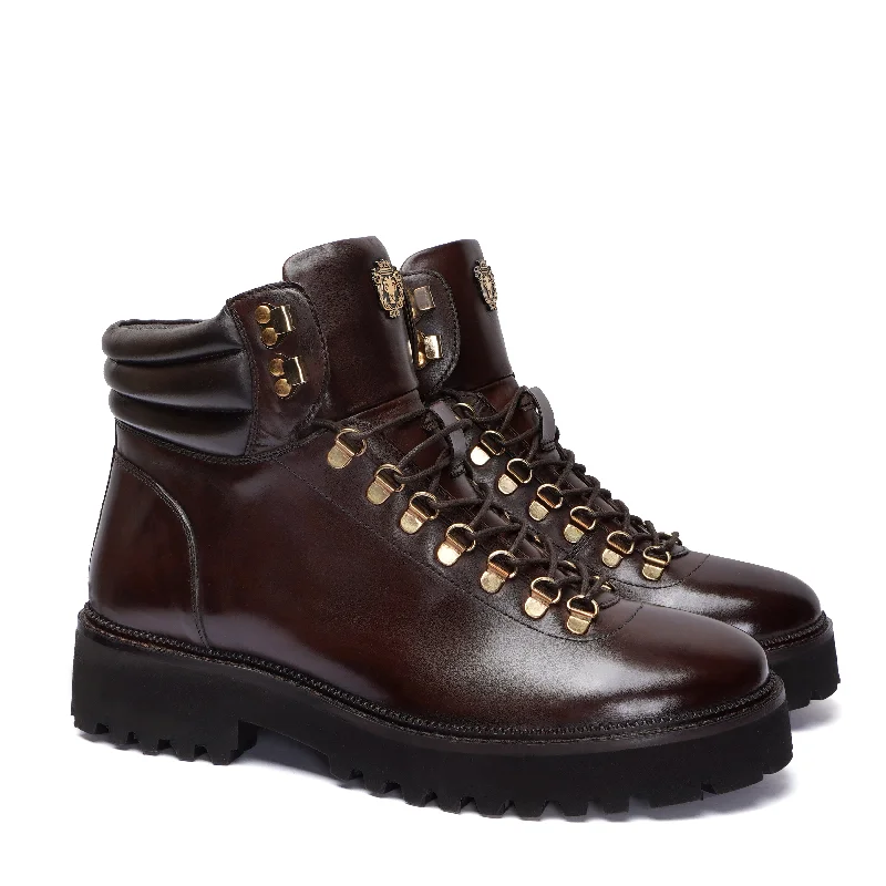 Padded Tri-Collar Light Weight Welt Dark Brown Leather Chunky Boots